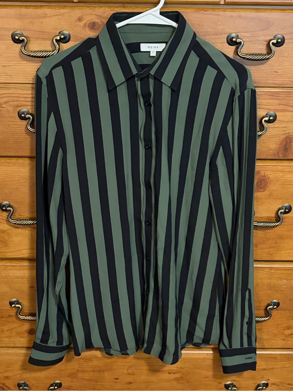 Reiss Women’s Olive Green & Black Stripe Button-Up Shirt